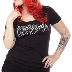 Sourpuss Cat Lady Scoop Neck T-Shirt Black